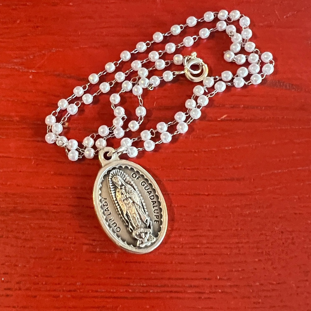 Our Lady of Guadalupe White Rosary Style Necklace.